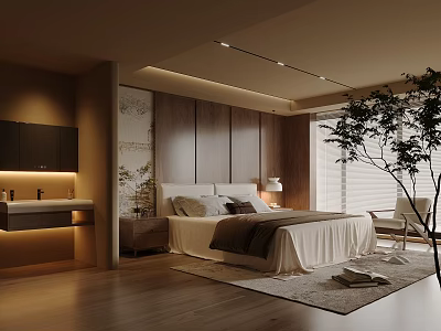 Warm Modern Bedroom Interior With Wooden Bed Nightstand Lamp Window Rug And Green Plant 3d model