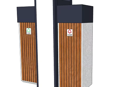 Public Trash Bins With Wooden Panels And Sorting Signs For Waste Disposal 3d model