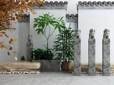 Traditional Chinese Scenic Wall With Gray Tiled Eaves Green Plants And Stone Lion Pillars 3d model