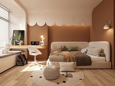Cozy Kids Room Interior With Brown Walls White Bed Desk Lamp And Wooden Floor 3d model