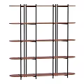 Modern Multi Tiered Shelving Unit With Metal Frame And Wooden Shelves