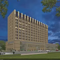 Modern High Rise Hotel Building Exterior With Illuminated Facade Trees Street Lamps And Pedestrians