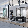 Modern Interior Showroom With Large Decorative Paintings Marble Panels White Armchairs And Pendant Lights