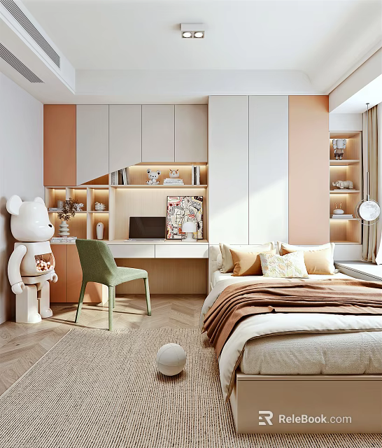 Cozy Tatami Bedroom Interior Design With Tatami Bed Storage Cabinets And Study Desk 3d model 