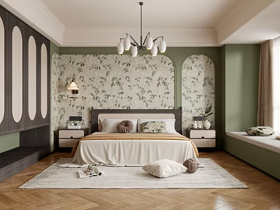 Modern Bedroom With Green Floral Wallpaper Upholstered Bed And Wooden Herringbone Floor 3d model