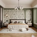 Modern Bedroom With Green Floral Wallpaper Upholstered Bed And Wooden Herringbone Floor