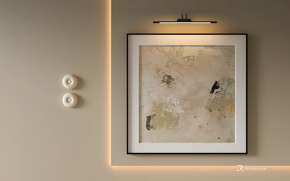 Framed Abstract Painting on Beige Wall with Accent Lighting and Decorative Candle Holders 3d model 