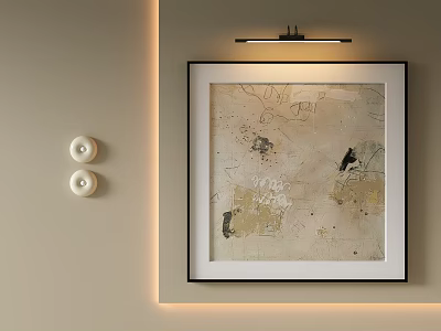 Framed Abstract Painting on Beige Wall with Accent Lighting and Decorative Candle Holders 3d model