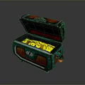 Open Decorative Storage Chest With Green Red Accents And Gold Coins Inside