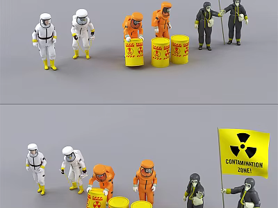 Protective Clothing Worn by Figures with Yellow Barrels and Radiation Containment Zone Sign 3d model