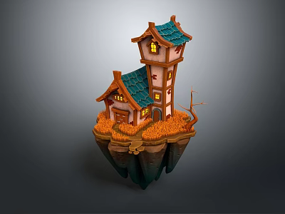 Floating Island House with Tower Green Roof Lit Windows and Orange Terrain 3d model