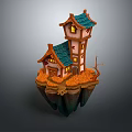 Floating Island House with Tower Green Roof Lit Windows and Orange Terrain