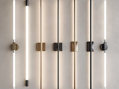 Modern Linear Wall Lamps In Black Gold And Copper Colors Mounted On Light Beige Wall 3d model