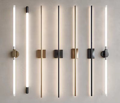 Modern Linear Wall Lamps In Black Gold And Copper Colors Mounted On Light Beige Wall 3d model