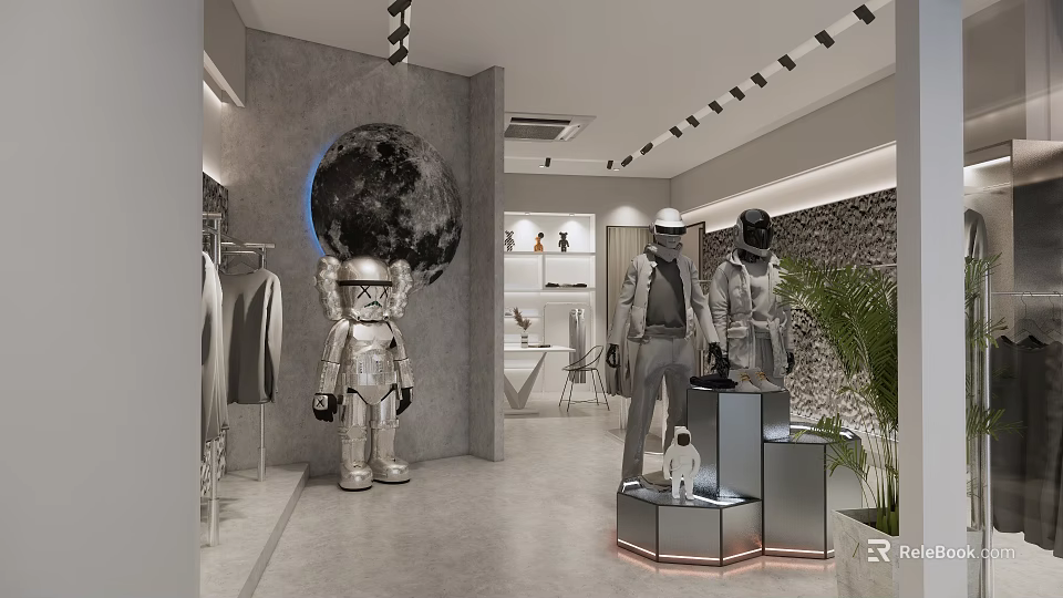 Modern Clothing Store With Moon Decor Silver Mannequins Display Racks And Plants 3d model 