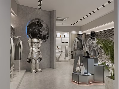 Modern Clothing Store With Moon Decor Silver Mannequins Display Racks And Plants 3d model