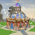 Decorative Gazebo With Stained Glass Dome Columns Green Lawn And Trees