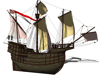 Vintage Historical Sailing Ship With Multiple Sails Red Flag And Wooden Hull Design 3d model