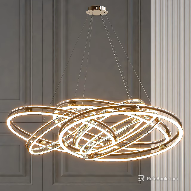 Contemporary Illuminated Chandelier Featuring Intertwined Circular Metallic Rings in Modern Interior Design 3d model 