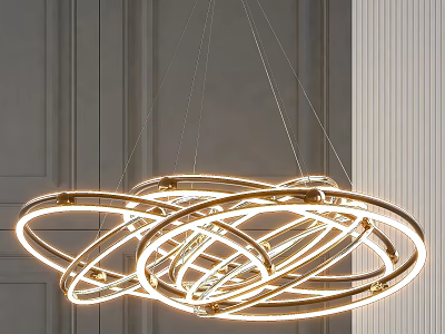 Contemporary Illuminated Chandelier Featuring Intertwined Circular Metallic Rings in Modern Interior Design 3d model