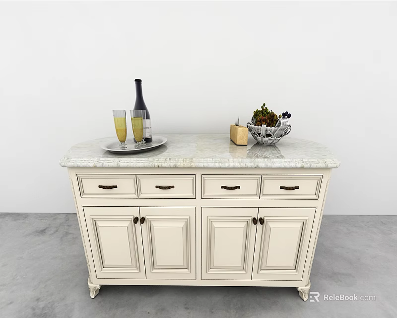 Modern White Console Cabinet With Marble Top Wine Bottle Glasses And Fruit Basket 3d model 
