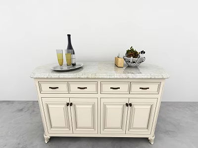 Modern White Console Cabinet With Marble Top Wine Bottle Glasses And Fruit Basket 3d model