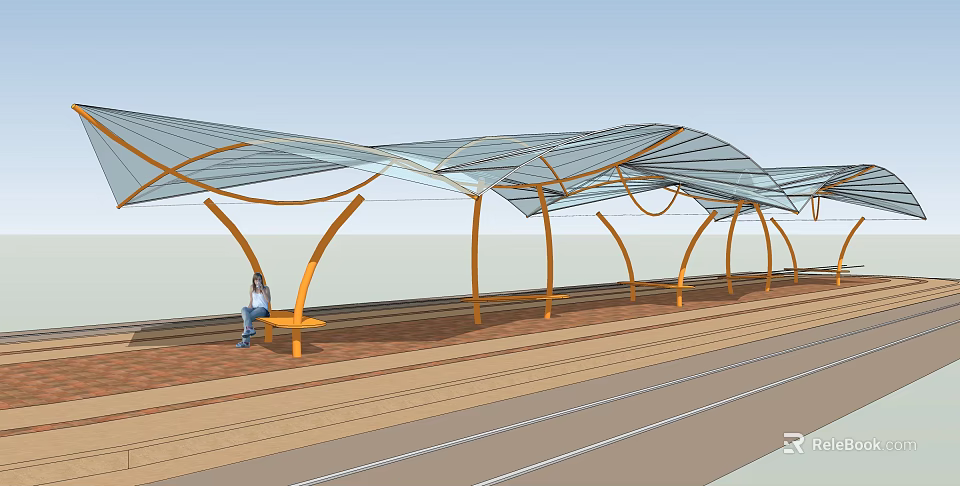 Outdoor Bench with Transparent Canopy and Curved Yellow Supports in Roadside Public Seating Area 3d model 