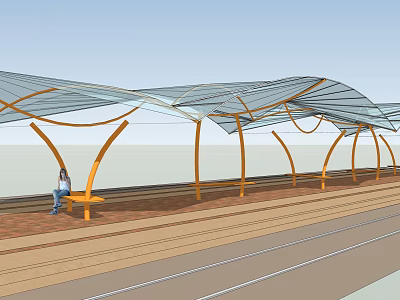 Outdoor Bench with Transparent Canopy and Curved Yellow Supports in Roadside Public Seating Area 3d model