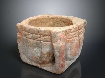 Ancient Square Shaped Stone Basin With Weathered Texture And Decorative Handles 3d model