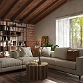 Living Room Interior Design With Sloped Wooden Ceiling Large Window Beige Sofa Pillows And Bookshelves