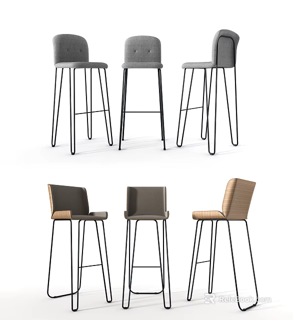 Modern Bar Stools With High Metal Legs And Upholstered Seats In Various Colors 3d model 