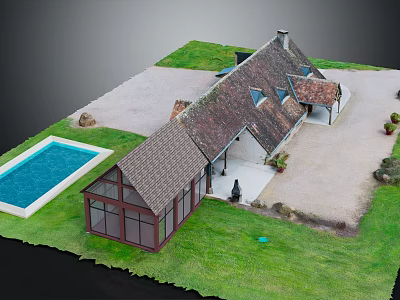 Cartoon Scene Of House With Sloped Roof Multiple Windows Swimming Pool And Green Lawn 3d model