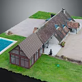 Cartoon Scene Of House With Sloped Roof Multiple Windows Swimming Pool And Green Lawn