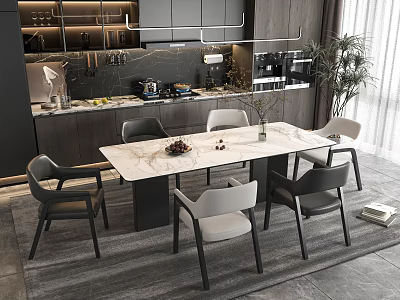 Modern Dining Table Set With White Marble Top Gray White Chairs In Open Kitchen 3d model