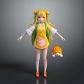 Cute Blonde Girl in Yellow Green Outfit With Patterned Backpack and Small Fox Plush
