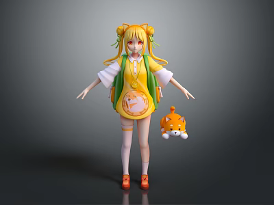 Cute Blonde Girl in Yellow Green Outfit With Patterned Backpack and Small Fox Plush 3d model