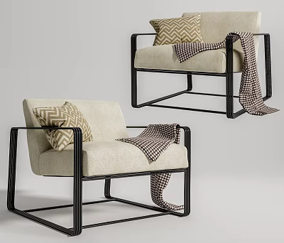 Modern Single Sofa With Beige Upholstery Black Metal Frame Chevron Pillow And Plaid Blanket 3d model
