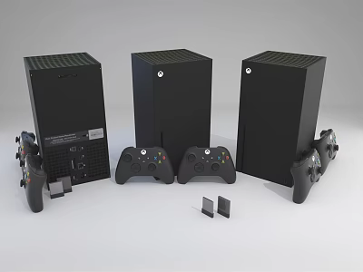 Sleek Entertainment Electronics Featuring Three Black Gaming Consoles And Multiple Game Controllers 3d model