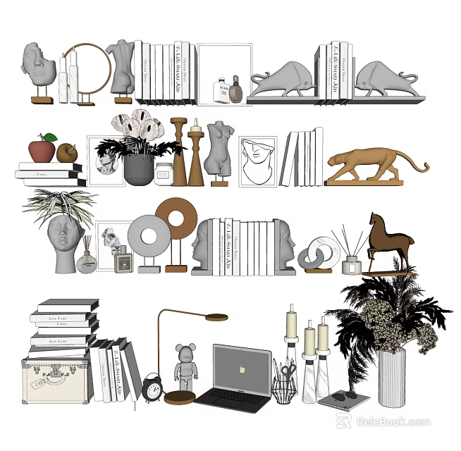 Stylish Modern Home Interior Decorative Ornament Combination With Books Animal Figurines And Potted Plants 3d model 