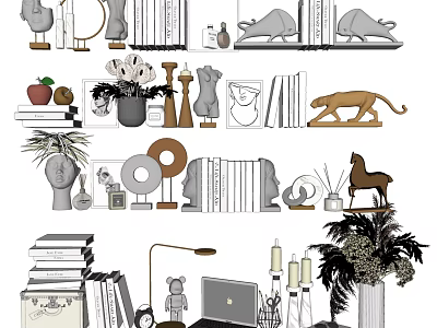 Stylish Modern Home Interior Decorative Ornament Combination With Books Animal Figurines And Potted Plants 3d model