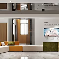 Modern Public Office Area With Colorful Sofa Seating Green Plant And TV Screen