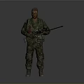 Man in Camouflage Uniform Holding Rifle Standing Against Gray Background