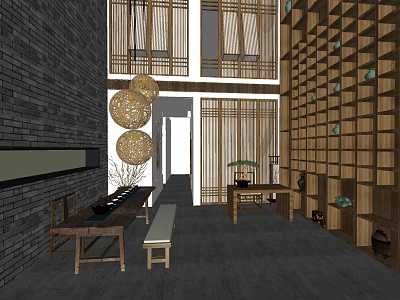 Traditional Chinese Style Specialty Store Interior With Wooden Shelves Brick Wall And Round Pendant Lights 3d model