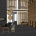 Traditional Chinese Style Specialty Store Interior With Wooden Shelves Brick Wall And Round Pendant Lights
