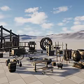 Desert Landscape Featuring Large Wooden Crane Scattered Wooden Structures and Tools on Grid Patterned Ground