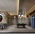 Modern Billiard Room With Green Felt Tables Pendant Lights 8 Ball Sign And Potted Plants