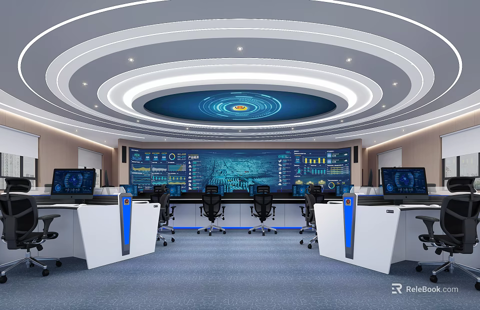 Modern Monitoring Room With Control Consoles Large Screens Circular Ceiling And Ergonomic Chairs 3d model 