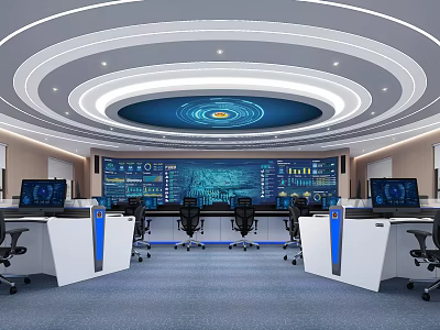 Modern Monitoring Room With Control Consoles Large Screens Circular Ceiling And Ergonomic Chairs 3d model
