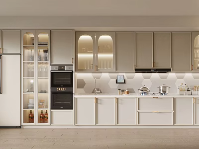 Modern Kitchen Interior Design With White Light Gray Cabinets Glass Doors And Lighting 3d model
