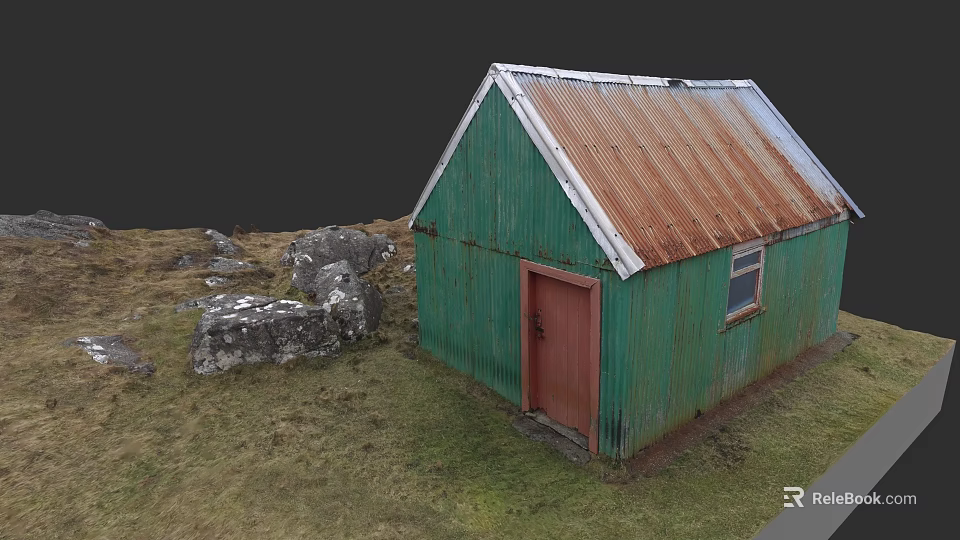 European Style Architecture With Green Walls Red Door And Rusted Metal Roof In Grassland 3d model 